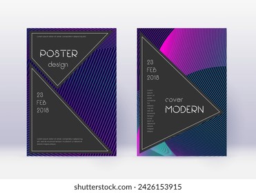 Black cover design template set. Neon abstract lines on dark blue background. Admirable cover design. Excellent catalog, poster, book template etc.