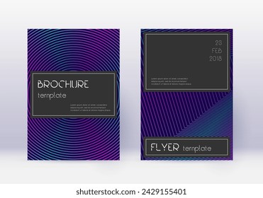 Black cover design template set. Neon abstract lines on dark blue background. Amazing cover design. Appealing catalog, poster, book template etc.