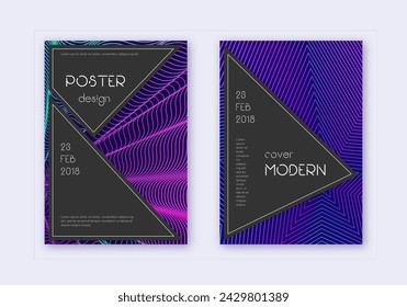 Black cover design template set. Neon abstract lines on dark blue background. Admirable cover design. Graceful catalog, poster, book template etc.