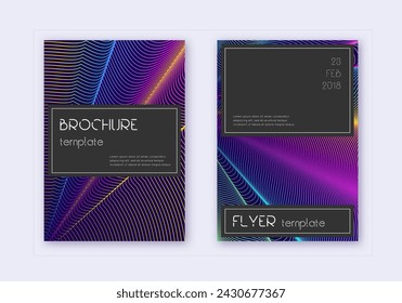 Black cover design template set. Rainbow abstract lines on dark blue background. Amazing cover design. Neat catalog, poster, book template etc.