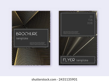 Black cover design template set. Gold abstract lines on black background. Alive cover design. Sublime catalog, poster, book template etc.