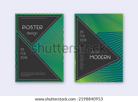 Black cover design template set. Green abstract lines on dark background. Actual cover design. Radiant catalog, poster, book template etc.