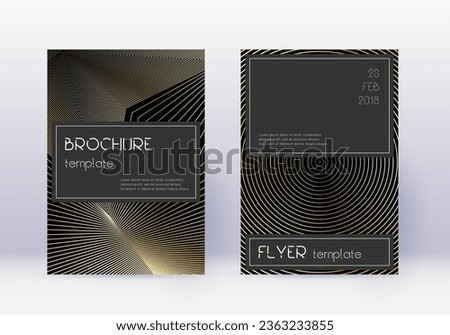 Black cover design template set. Gold abstract lines on black background. Alive cover design. Uncommon catalog, poster, book template etc.