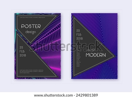 Black cover design template set. Neon abstract lines on dark blue background. Admirable cover design. Graceful catalog, poster, book template etc.