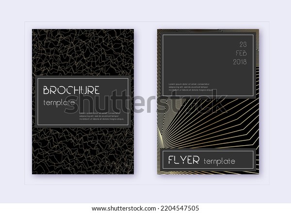 Black cover design template set. Gold abstract lines
on black background. Alluring cover design. Alive catalog, poster,
book template etc.