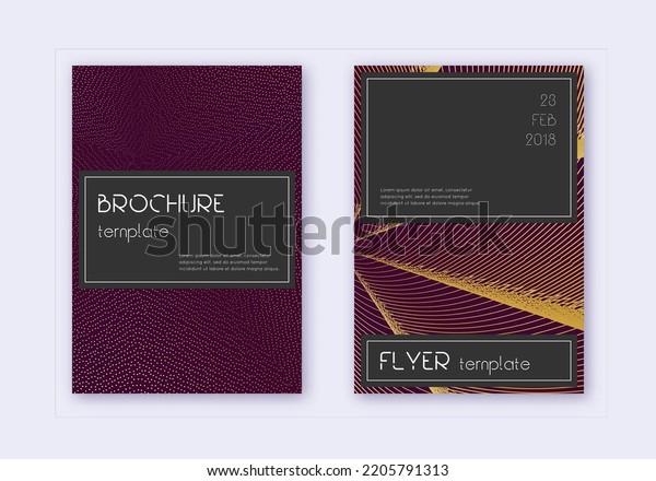 Black cover design template set. Gold\
abstract lines on maroon background. Alluring cover design.\
Enchanting catalog, poster, book template\
etc.