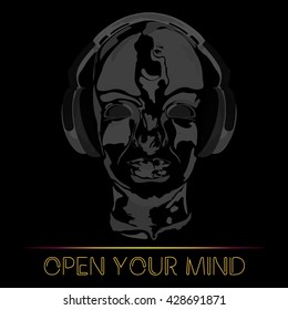 Black cover for music. An abstract vector for man listening music with headphones. Artistic hand drawn design. Vector