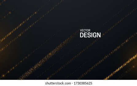 Black cover with shimmering striped pattern. Abstract background. Vector illustration. Golden glowing glitters.