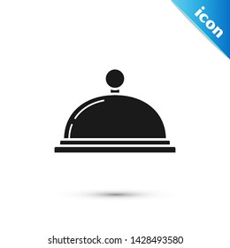 Black Covered with a tray of food icon isolated on white background. Tray and lid sign. Restaurant cloche with lid. kitchenware symbol.  Vector Illustration