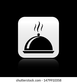 Black Covered with a tray of food icon isolated on black background. Tray and lid sign. Restaurant cloche with lid. kitchenware symbol. Square button vector Illustration