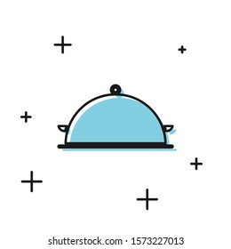 Black Covered with a tray of food icon isolated on white background. Tray and lid sign. Restaurant cloche with lid. Kitchenware symbol.  Vector Illustration