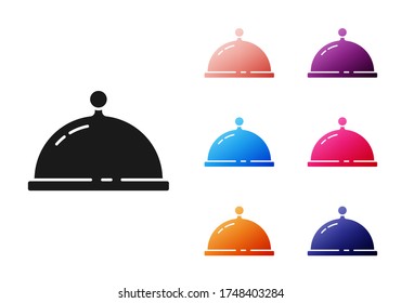 Black Covered with a tray of food icon isolated on white background. Tray and lid. Restaurant cloche with lid. Kitchenware symbol. Set icons colorful. Vector