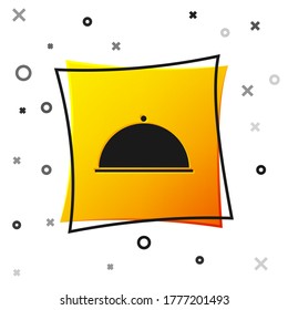 Black Covered with a tray of food icon isolated on white background. Tray and lid. Restaurant cloche with lid. Kitchenware symbol. Yellow square button. Vector Illustration