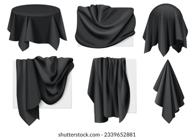 Black covers of objects with drapery set vector illustration. 3D realistic isolated hidden presentation with golden silk or satin cloth on black sheet of rectangular, square, sphere and round table
