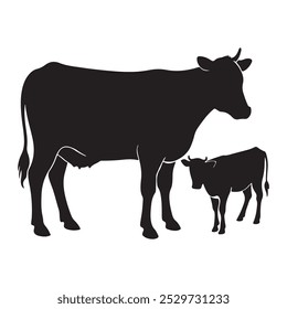 Black cow and domestic milk cows, Cow and Cute calf, Cow Vector Illustration on white background