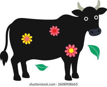 A black cow with flower silhouette vector art