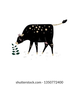 Black Cow Grazing on Meadow, Dairy Cattle Animal Husbandry Breeding Vector Illustration