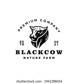 The Black Cow logo. Vector illustration on white background. Classic logo combination featuring a cow and leaf. Premium vintage and iconic farm logo design