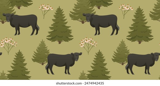 Black cow on green meadow seamless pattern. Farm animal with trees, spruce and wild flowers. Earthy color palette illustration. Wallpaper design for home decoration, fabric and print.