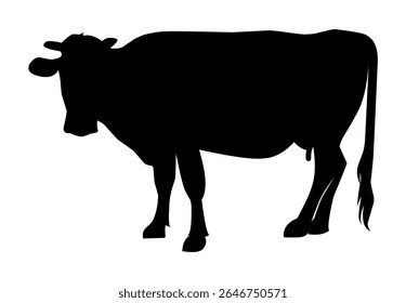 black cow silhouette isolated on white background as flat design promotional element for dairy products, health and social issues, and for art pieces