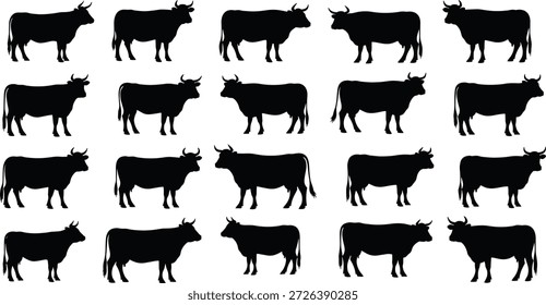 Silhuetas de vaca preta no layout de grade com uma figura ausente, representando reconhecimento de padrão, quebra-cabeça visual e design de ícone animal para uso educacional