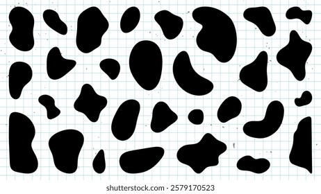 Black cow spots on a grid background. Random cow spots, varied shapes. Cow spots pattern, grid lines. Unique cow spots design on a grid. Black shape vector set.