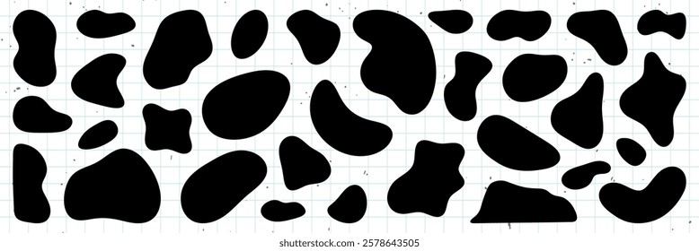 Black cow spots pattern on white background. Cow spots create a unique, abstract design. Perfect for cow-themed projects or cow print enthusiasts. Black shape vector set.