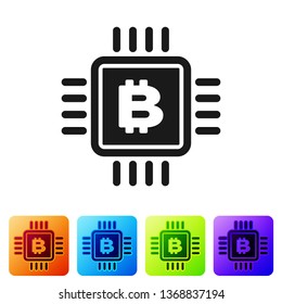 Black CPU mining farm icon isolated on white background. Bitcoin sign inside microchip. Cryptocurrency mining community. Digital money. Set icon in color square buttons. Vector Illustration