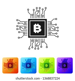 Black CPU mining farm icon isolated on white background. Bitcoin sign inside processor. Cryptocurrency mining community. Digital money. Set icon in color square buttons. Vector Illustration