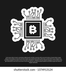 Black CPU mining farm icon isolated on black background. Bitcoin sign inside processor. Cryptocurrency mining community. Digital money. Vector Illustration