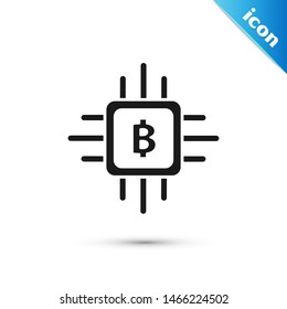 Black CPU mining farm icon isolated on white background. Bitcoin sign inside processor. Cryptocurrency mining community. Digital money.  Vector Illustration