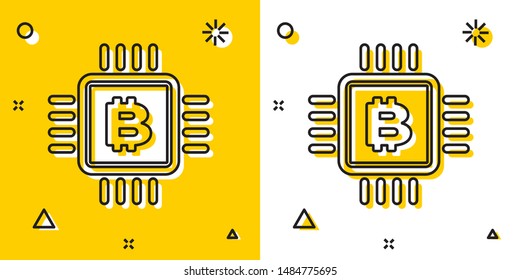 Black CPU mining farm icon isolated on yellow and white background. Bitcoin sign inside microchip. Cryptocurrency mining community. Digital money. Random dynamic shapes. Vector Illustration