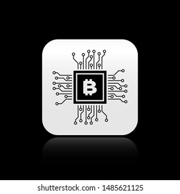 Black CPU mining farm icon isolated on black background. Bitcoin sign inside processor. Cryptocurrency mining community. Digital money. Silver square button. Vector Illustration