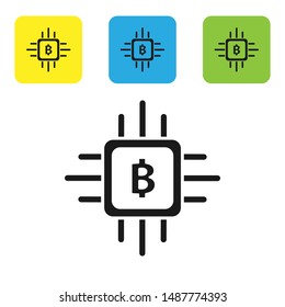 Black CPU mining farm icon isolated on white background. Bitcoin sign inside processor. Cryptocurrency mining community. Digital money. Set icons colorful square buttons. Vector Illustration