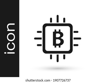 Icono de granja de minería de CPU negra aislado en fondo blanco. Inicio de sesión de bitcoin dentro del procesador. Comunidad de minería de criptografía. Dinero digital.  Vector
