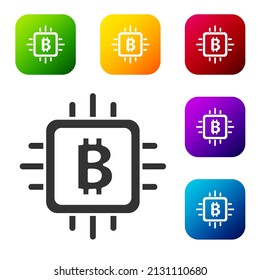 Black CPU mining farm icon isolated on white background. Bitcoin sign inside processor. Cryptocurrency mining community. Digital money. Set icons in color square buttons. Vector