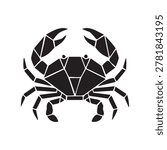 Black crab geometric logo design vector illustration isolated on white background. Modern abstract marine emblem featuring a stylized crab shape with geometric forms, symbolizing seafood, ocean life, strength, protection, and coastal branding. Perfect for restaurant logos, seafood businesses, fishing companies, packaging, badges, icons, and nautical-themed designs. Editable vector with clean, bold, and professional minimalist style.