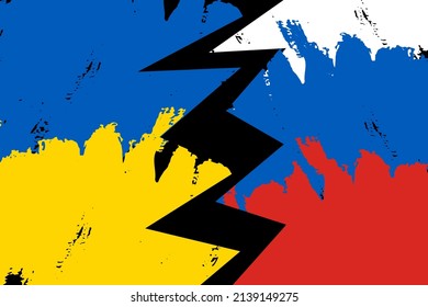Schwarzer Riss zwischen blau-gelb und weiß-blau-rot. Vektorgrafik.