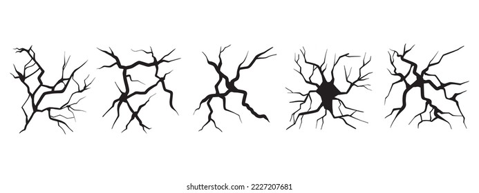 Black crack set, vector broken floor texture, rock crackle kit, earthquake ground crash on white. Damaged dry soil, surface broken cleft, cement split background. Black land crack disaster clipart