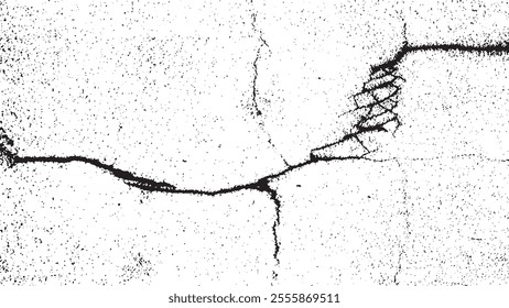 Black crack texture. Cracked on a white background. Old wall background crack vector, grunge, ground distress texture.