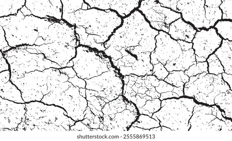 Black crack texture. Cracked on a white background. Old wall background crack vector, grunge, ground distress texture.