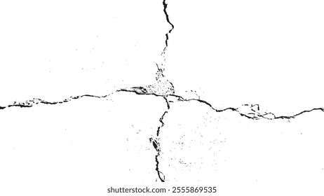 Black crack texture. Cracked on a white background. Old wall background crack vector, grunge, ground distress texture.