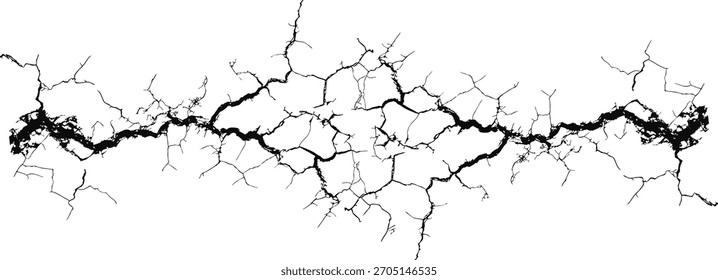 Black cracked line texture resembling broken surface or lightning pattern on white background. Distressed fracture design ideal for grunge effects, digital art, overlays, and dramatic visual elements.