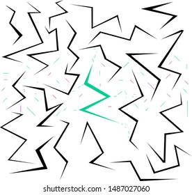 Black cracks surround the green lightning. Between them there are small colored particles.
