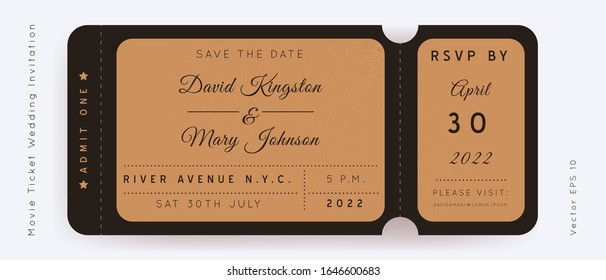Black and Craft Movie Ticket. Wedding Invitation Vector Design.Vintage luxury design.Admission vip ticket of circus,party,cinema,theater,concert.Coupons template ticketing label with seat numbers.