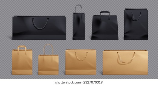 Black and craft paper bag and handle vector mockup. Shopping package mock up to carry food front view icon merchandising design collection. 3d retail reusable branding merchandise illustration