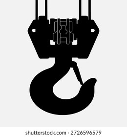 Gancho de grúa negro con piezas mecánicas, aislado sobre fondo blanco, ilustración de equipo industrial.