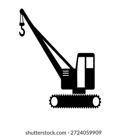 Silhueta de grua de crawler preto isolada no fundo branco. Ícone de máquina de construção pesada para construção, levantamento industrial, engenharia, infraestrutura, manuseio de carga, projeto civil e uso de projeto gráfico relacionado ao contratante.