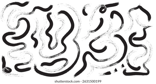 Black crayon arrow collection with curved and straight, spiral and zigzag, circular, wavy directional pointers. Vector hand drawn brush stroke for presentation, infographics or educational materials