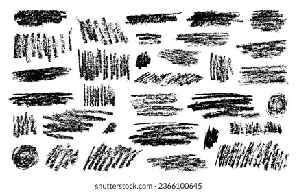 Black crayon or charcoal shapes set. Doodle forms with grunge pastel pencil texture. Hand drawn chalk scribbles or rough elements. Sketchy brushes for banner design, graffiti, childish drawing.